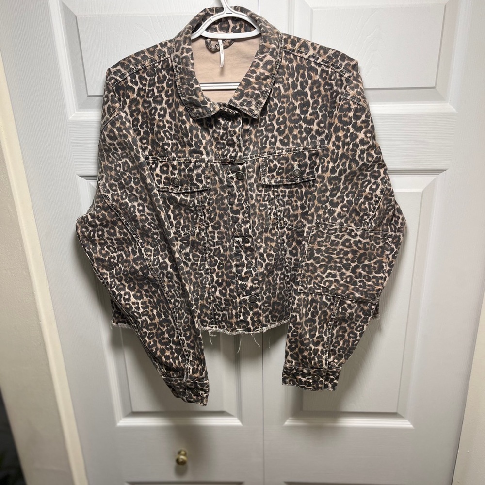 Free People Distressed Leopard Print Denim Jacket